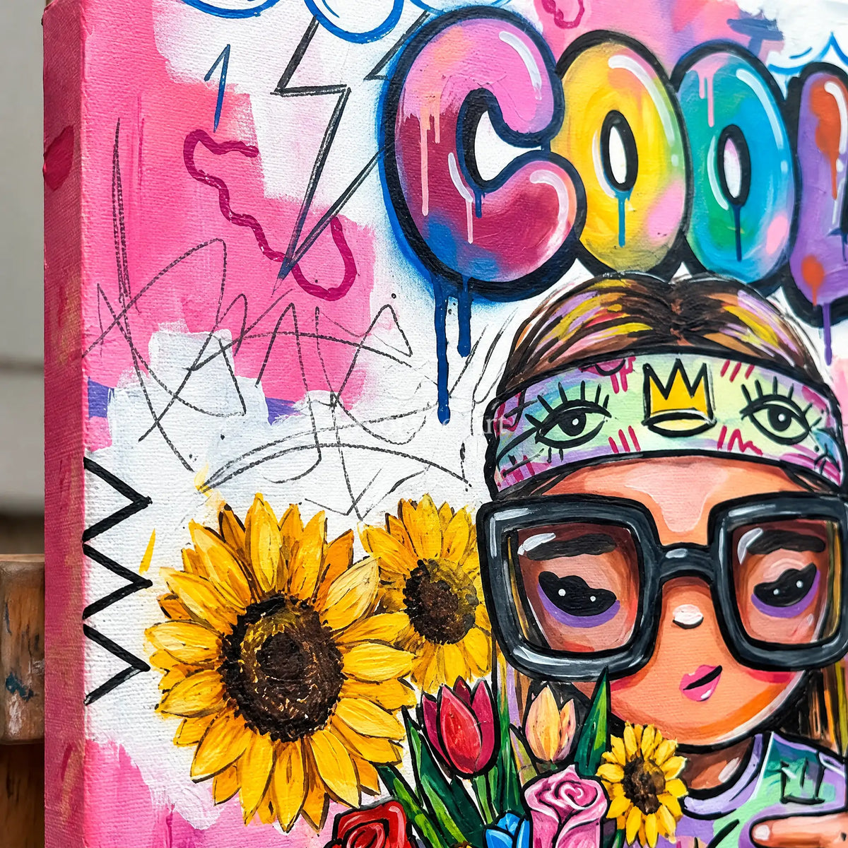 Close-up of the hand-painted texture of Hidden Cadence playful character wall art on an easel
