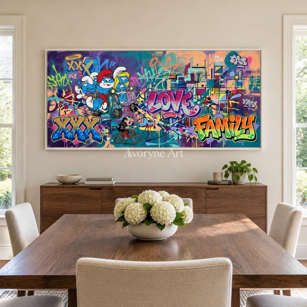 Hidden Passage playful character wall art with a white frame in a dining room