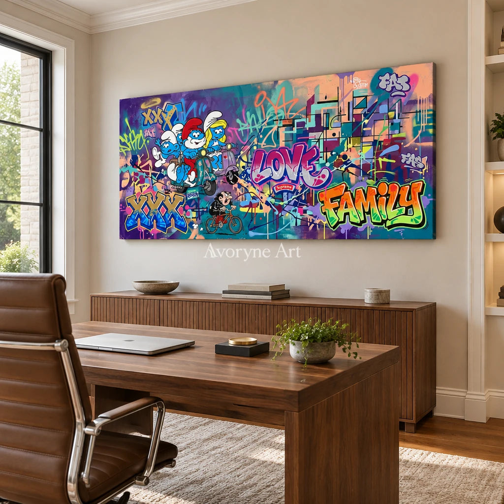 Hidden Passage playful character wall art as a frameless stretched canvas in a home office