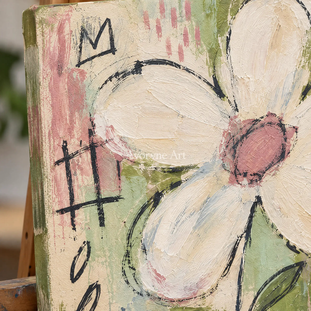 Close-up of the hand-painted texture of Gentle Reverie playful character wall art on an easel