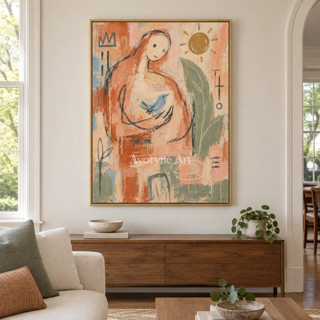 Gentle Interval playful character wall art with a gold frame hanging in a living room