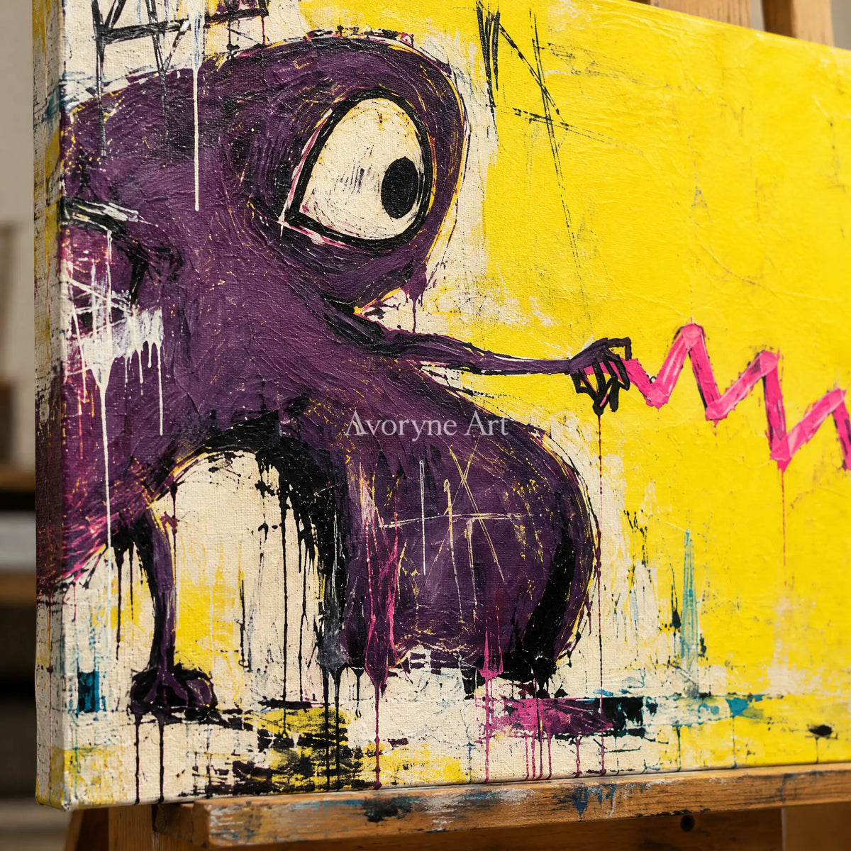 Close-up of the hand-painted texture of Gentle Rhythm playful character wall art on an easel