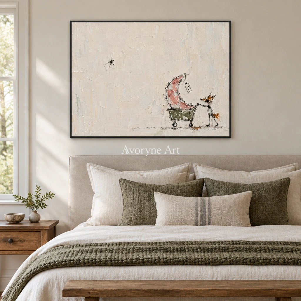 Open Mosaic playful character wall art with a black frame above a bed in a bedroom