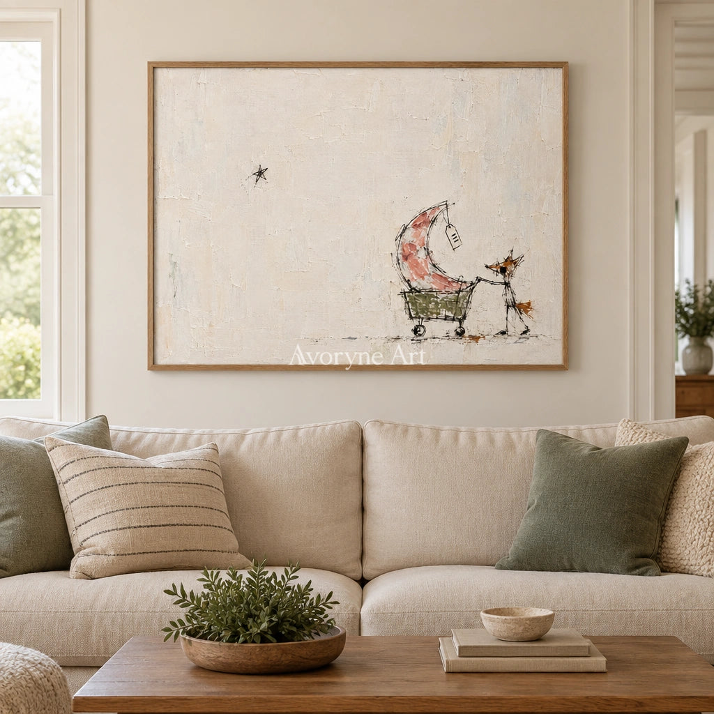 Open Mosaic playful character wall art with a wood frame in a villa living space