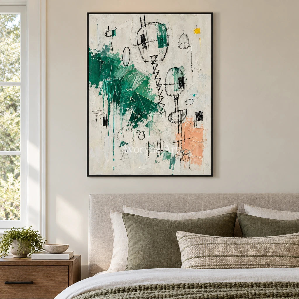 Open Verse playful character wall art with a black frame above a bed in a bedroom