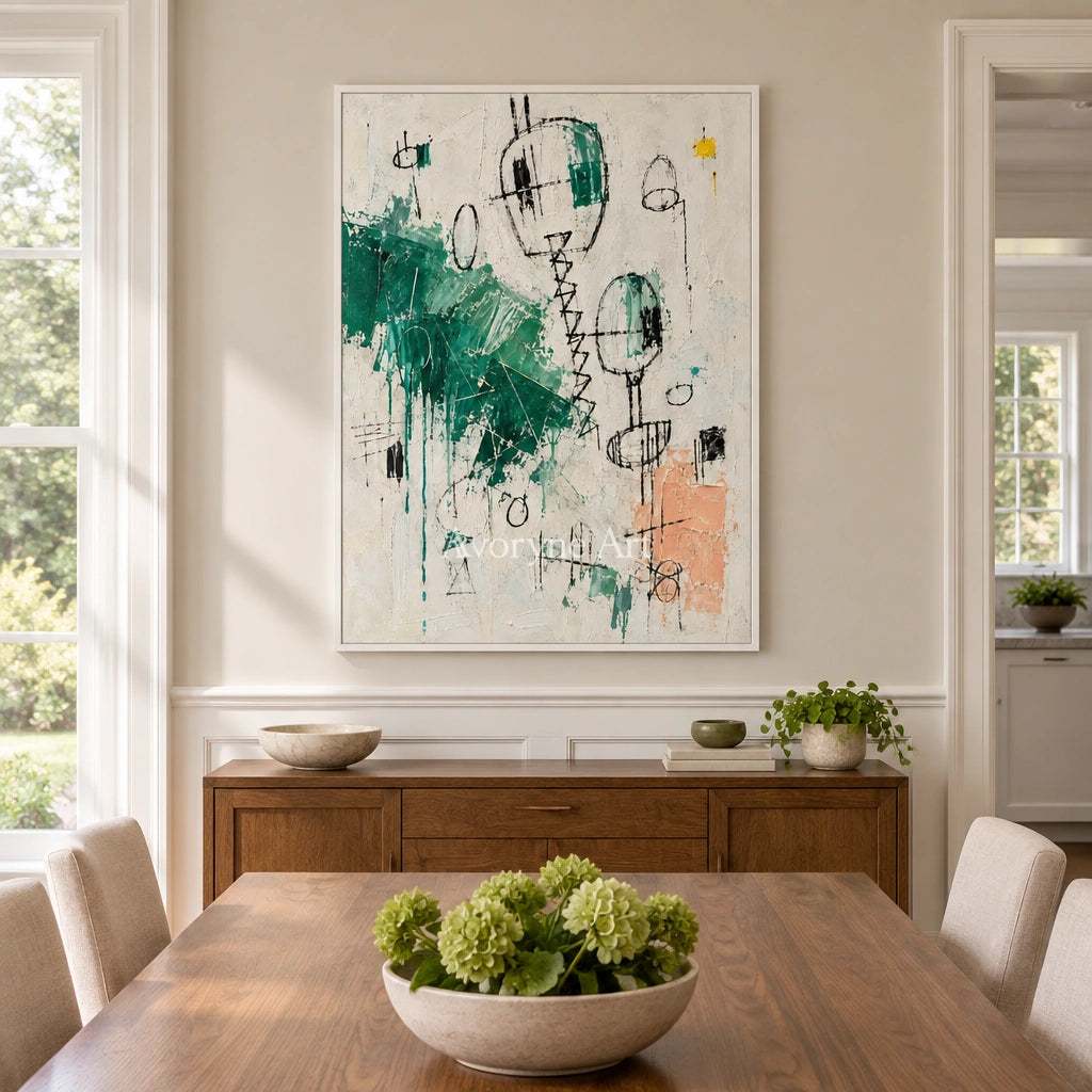 Open Verse playful character wall art with a white frame in a dining room