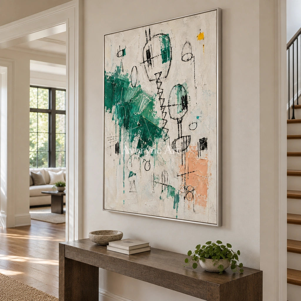 Open Verse playful character wall art with a silver frame in an entryway