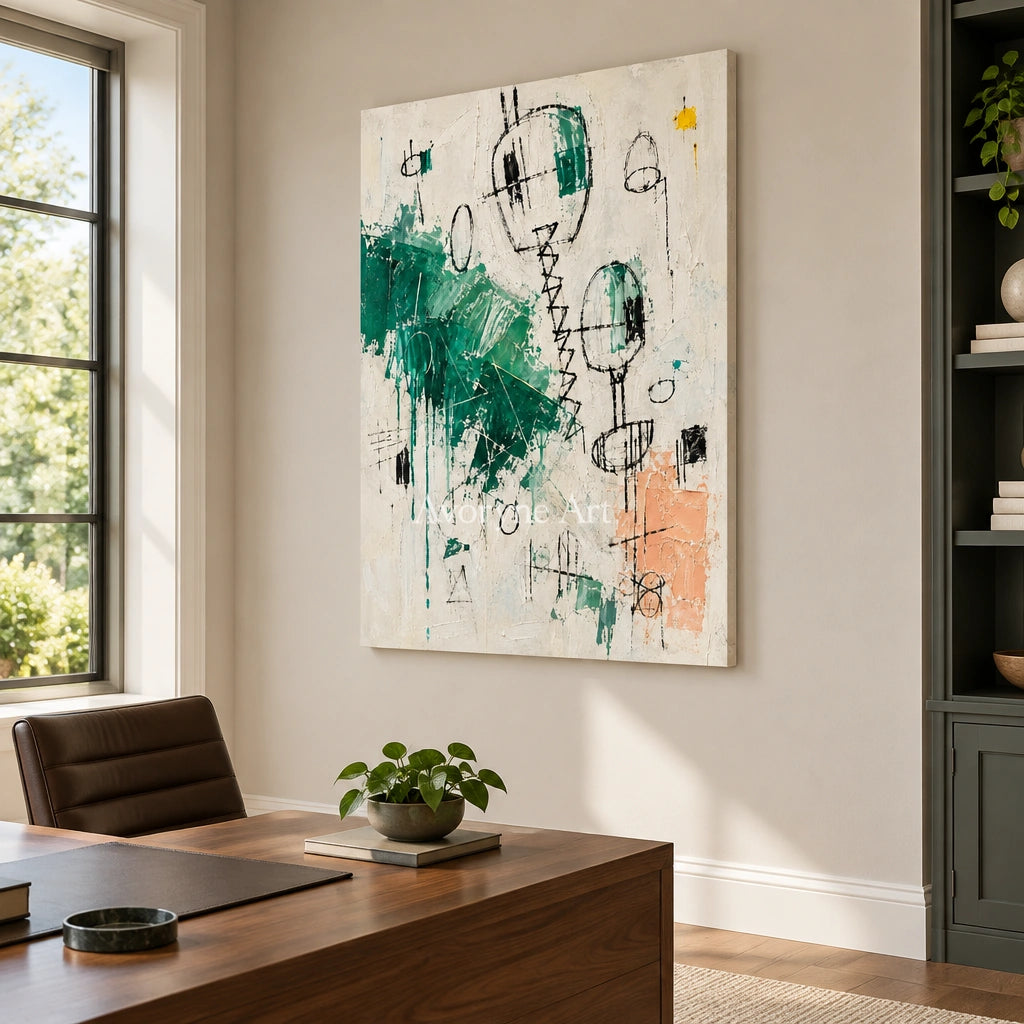 Open Verse playful character wall art as a frameless stretched canvas in a home office