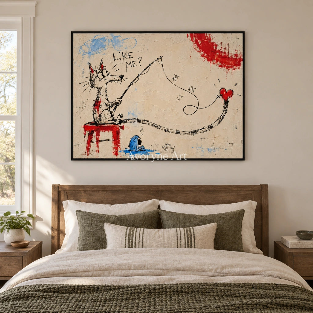 Distant Cadence playful character wall art with a black frame above a bed in a bedroom