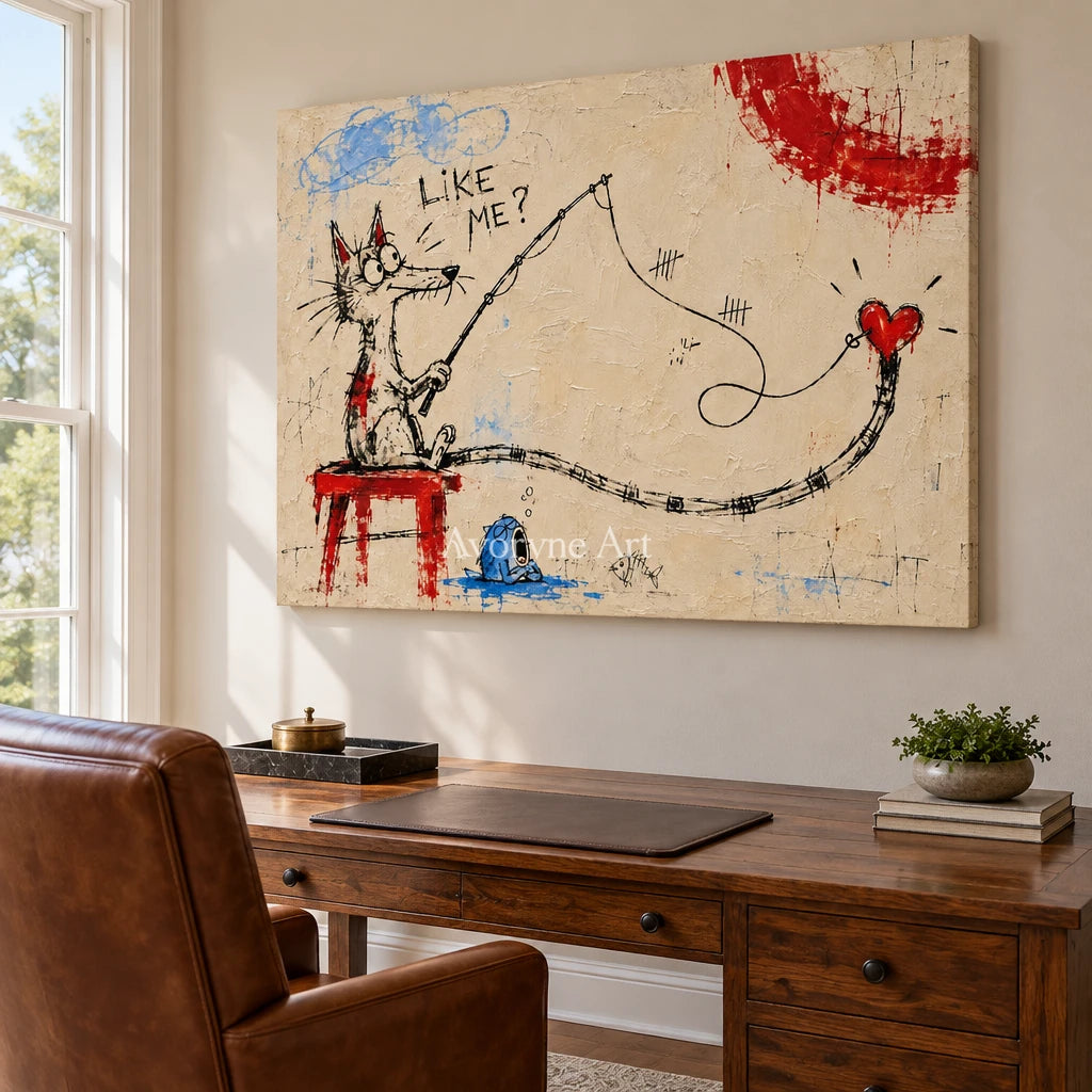 Distant Cadence playful character wall art as a frameless stretched canvas in a home office