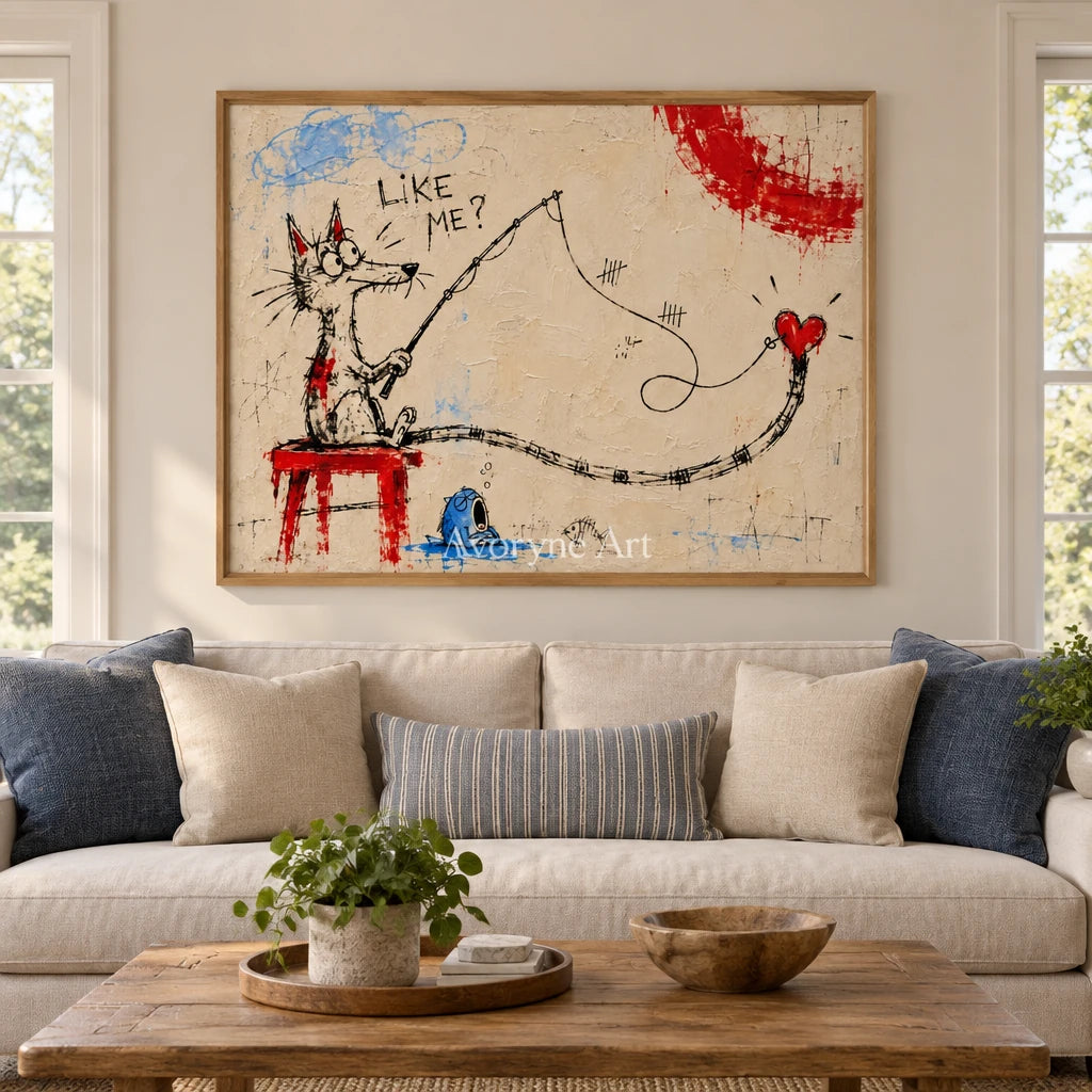 Distant Cadence playful character wall art with a wood frame in a villa living space