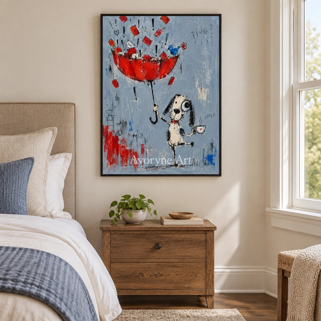 Distant Interval playful character wall art with a black frame above a bed in a bedroom