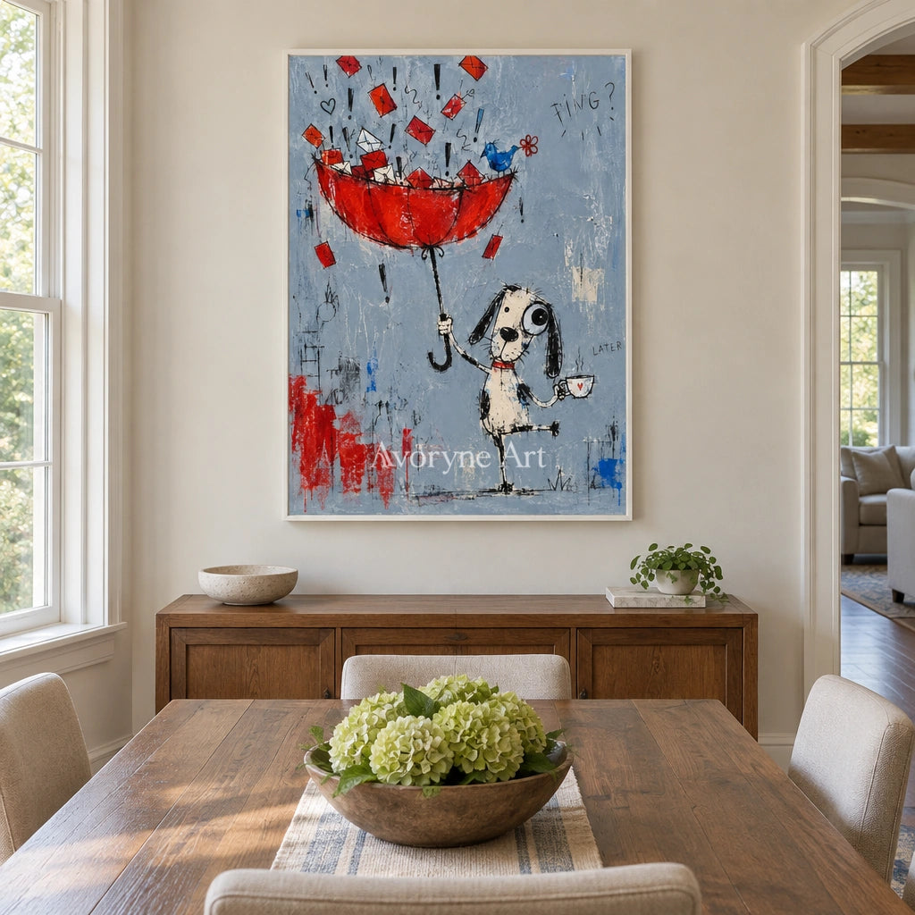 Distant Interval playful character wall art with a white frame in a dining room
