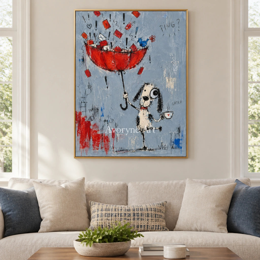 Distant Interval playful character wall art with a gold frame hanging in a living room