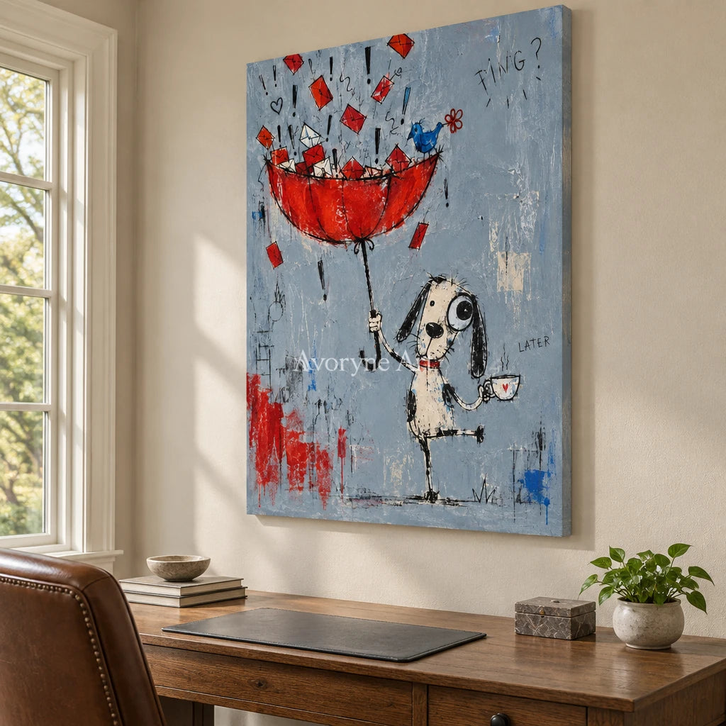 Distant Interval playful character wall art as a frameless stretched canvas in a home office