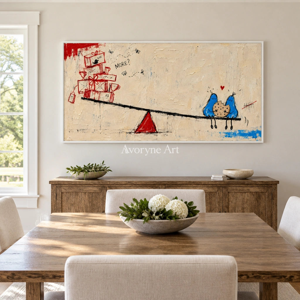 Distant Echo playful character wall art with a white frame in a dining room