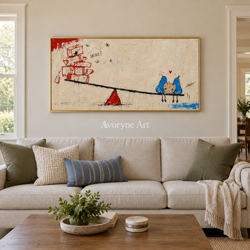 Distant Echo playful character wall art with a gold frame hanging in a living room
