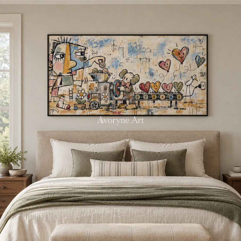Distant Rhythm playful character wall art with a black frame above a bed in a bedroom