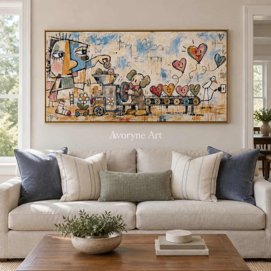 Distant Rhythm playful character wall art with a gold frame hanging in a living room