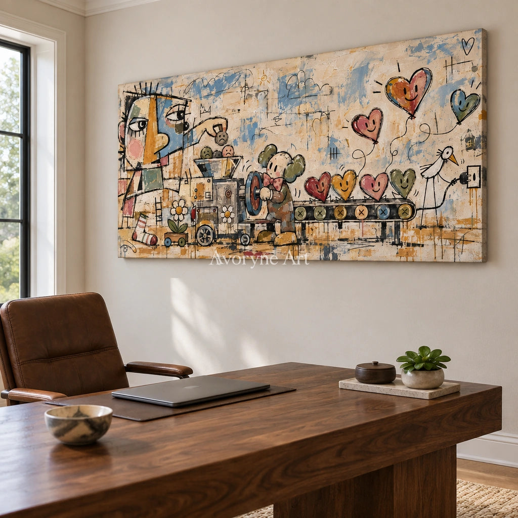 Distant Rhythm playful character wall art as a frameless stretched canvas in a home office