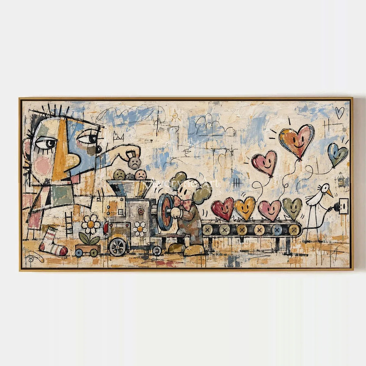 Distant Rhythm, hand-painted playful character wall art by Jeroen van der Meer