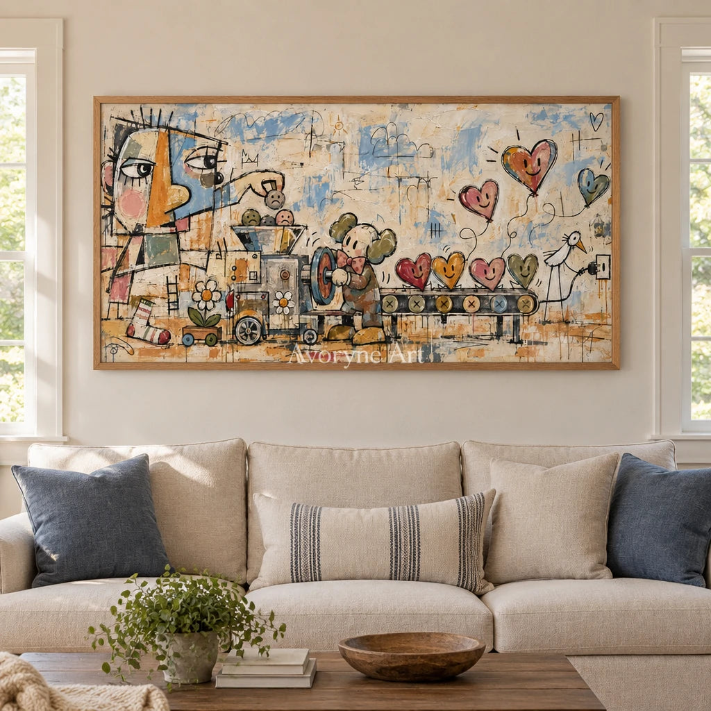 Distant Rhythm playful character wall art with a wood frame in a villa living space