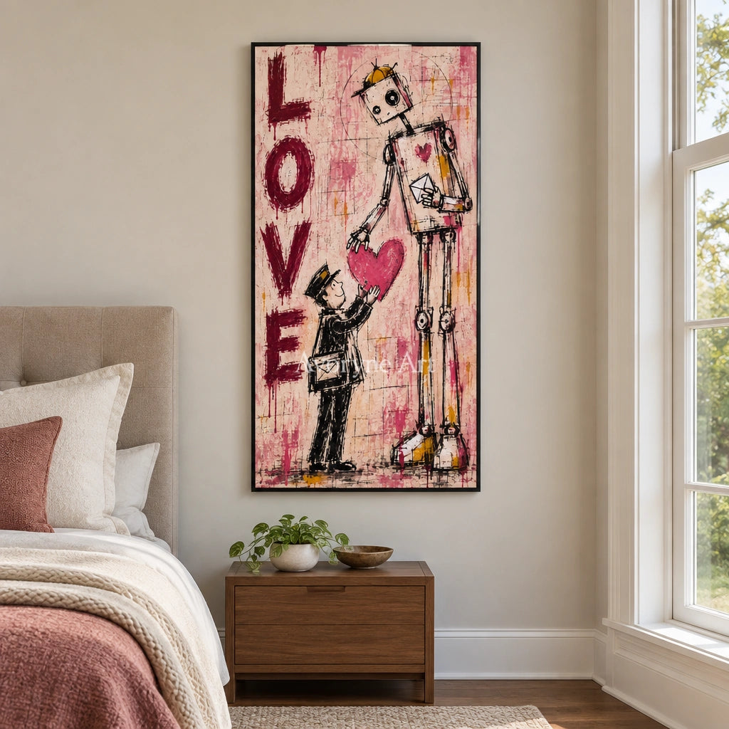 Distant Horizon playful character wall art with a black frame above a bed in a bedroom