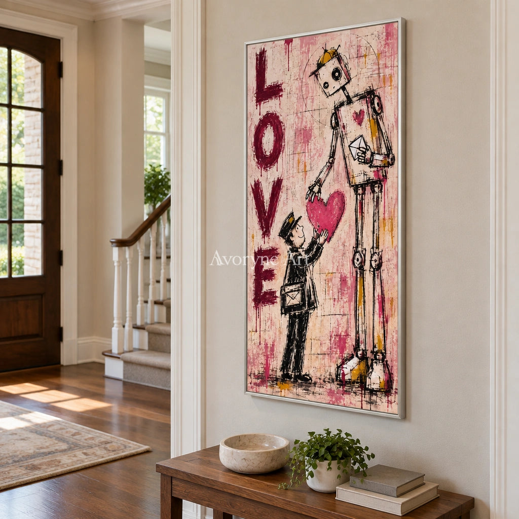 Distant Horizon playful character wall art with a silver frame in an entryway