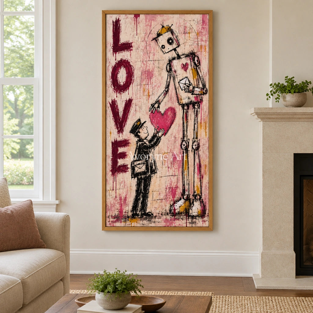 Distant Horizon playful character wall art with a wood frame in a villa living space