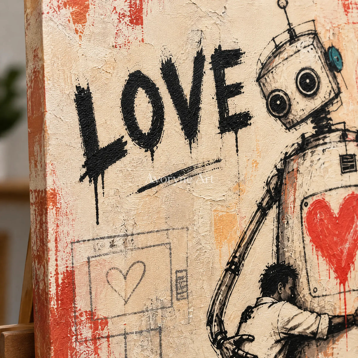 Close-up of the hand-painted texture of Distant Gesture playful character wall art on an easel