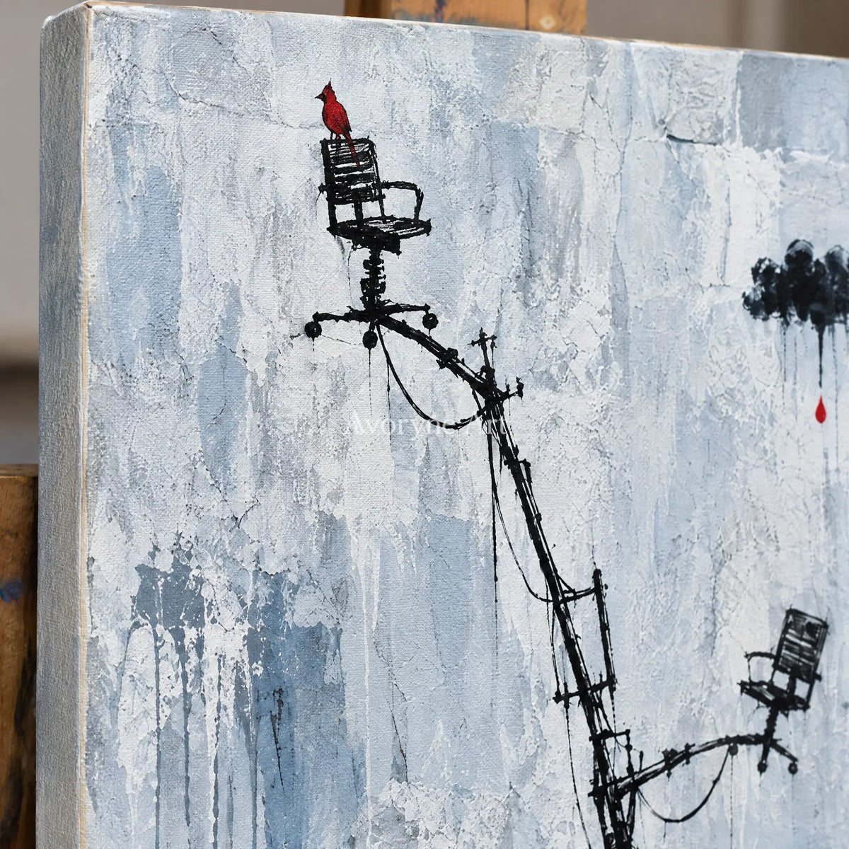 Close-up of the hand-painted texture of Distant Dialogue playful character wall art on an easel