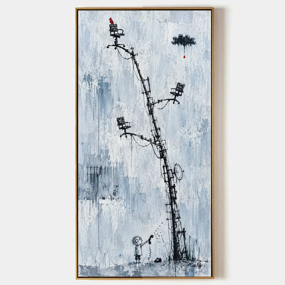 Distant Dialogue, hand-painted playful character wall art by Jeroen van der Meer
