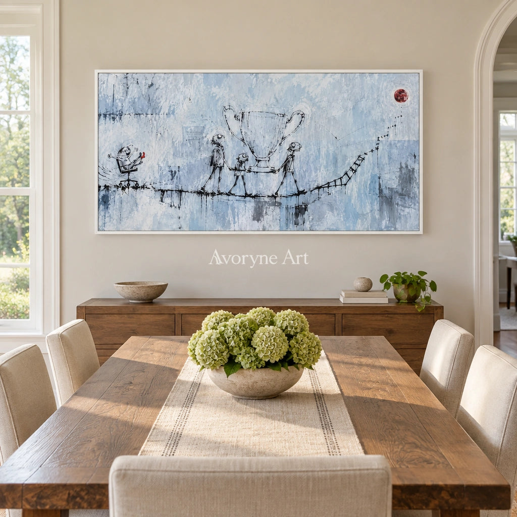 Lucent Cadence playful character wall art with a white frame in a dining room