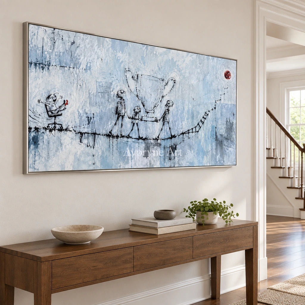 Lucent Cadence playful character wall art with a silver frame in an entryway