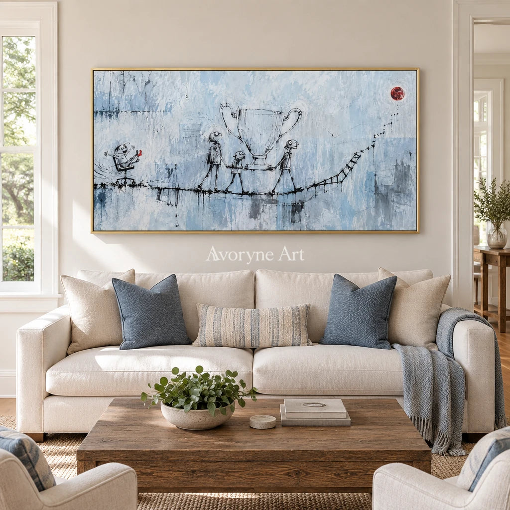 Lucent Cadence playful character wall art with a gold frame hanging in a living room