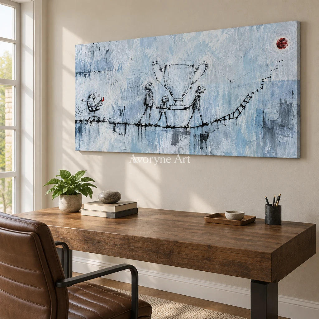 Lucent Cadence playful character wall art as a frameless stretched canvas in a home office