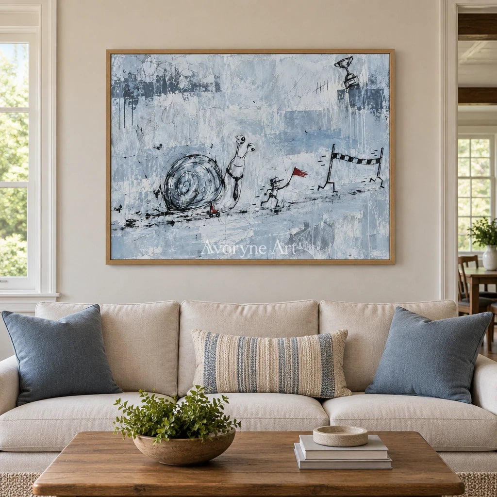 Lucent Passage playful character wall art with a wood frame in a villa living space