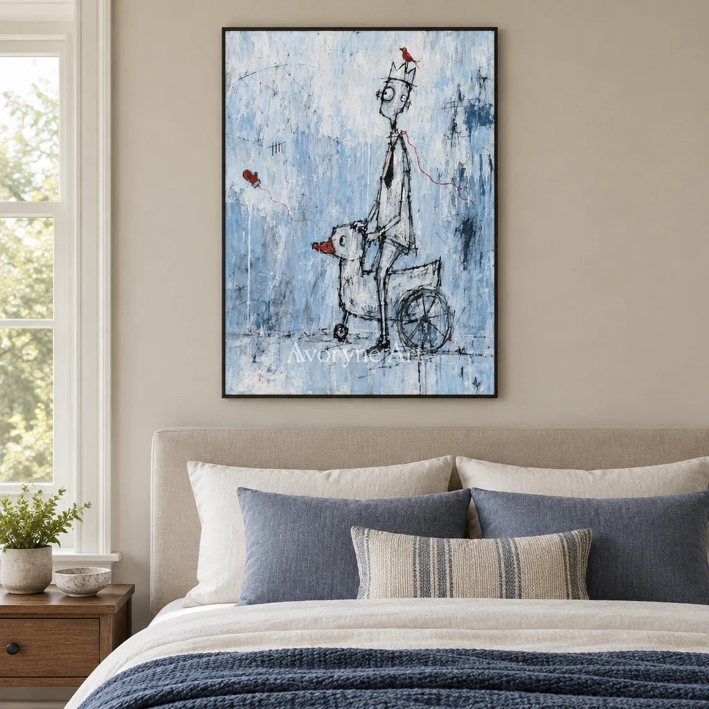 Lucent Reverie playful character wall art with a black frame above a bed in a bedroom