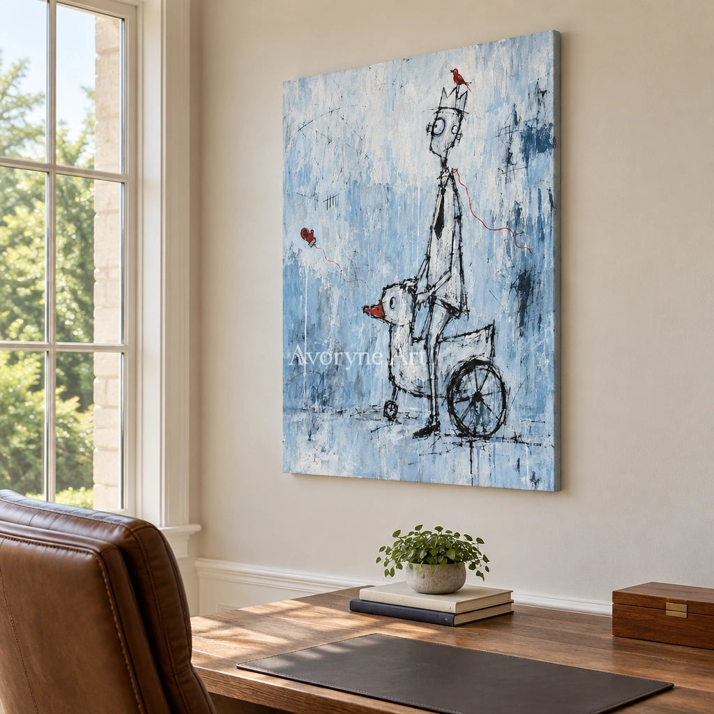 Lucent Reverie playful character wall art as a frameless stretched canvas in a home office