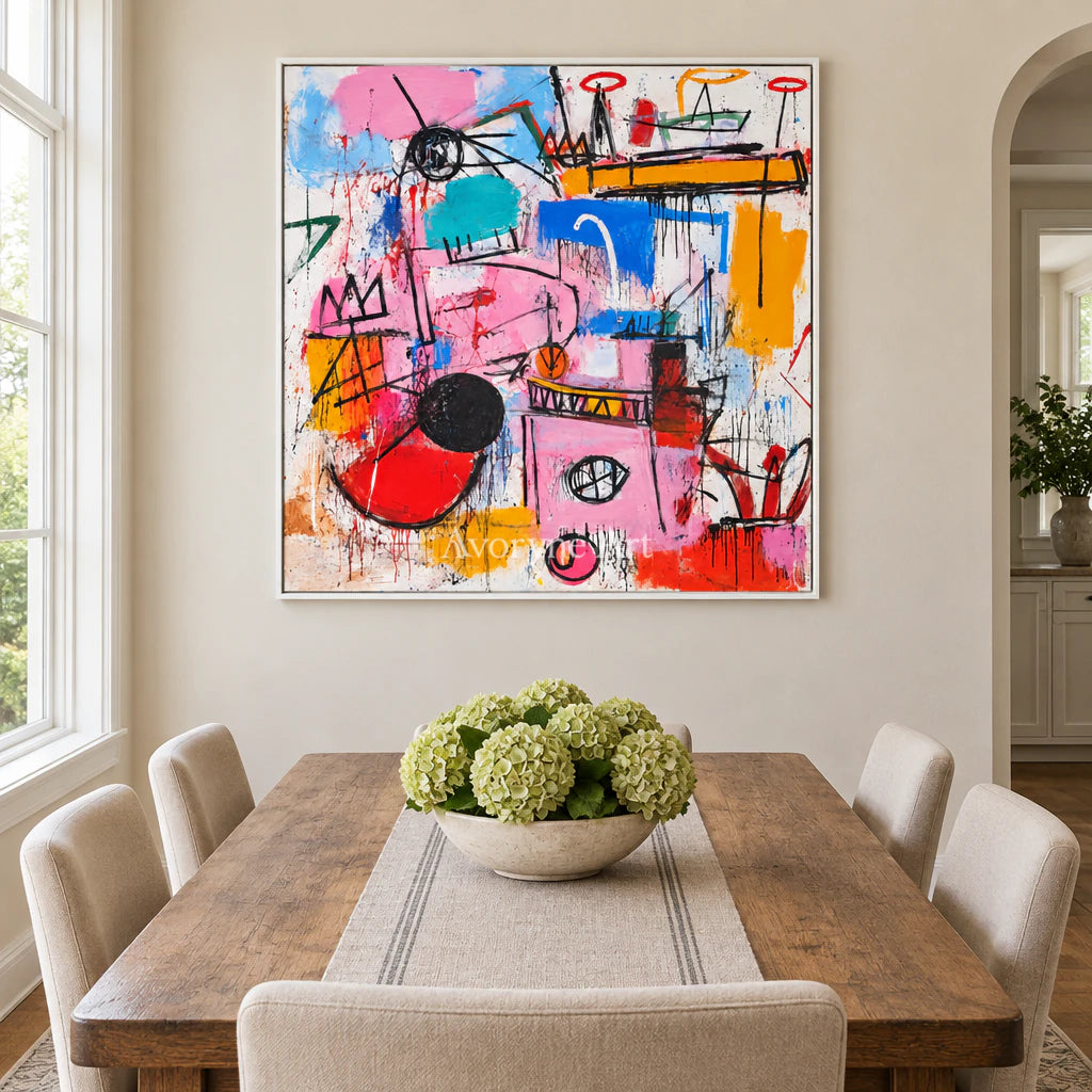 Chromatic Play: Pop Colorful Graffiti Faces Wall Art — dining white