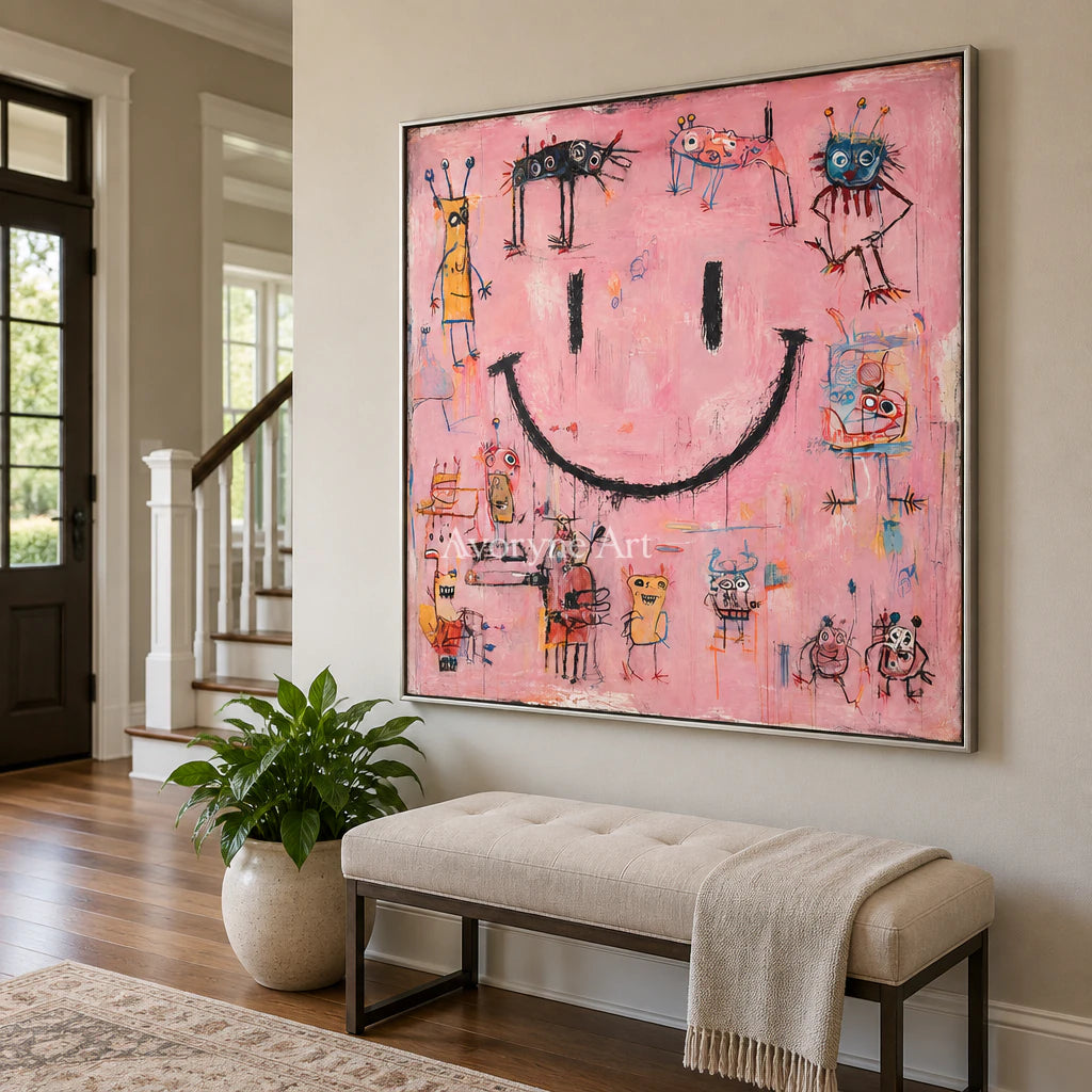 Pink Mischief: Pop Colorful Smiley Graffiti Wall Art — entry silver