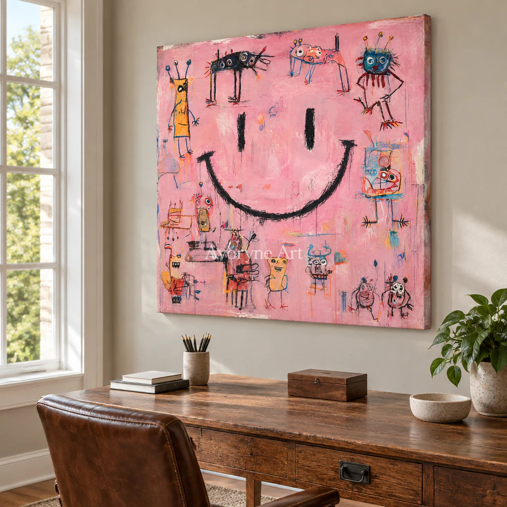 Pink Mischief: Pop Colorful Smiley Graffiti Wall Art — office frameless
