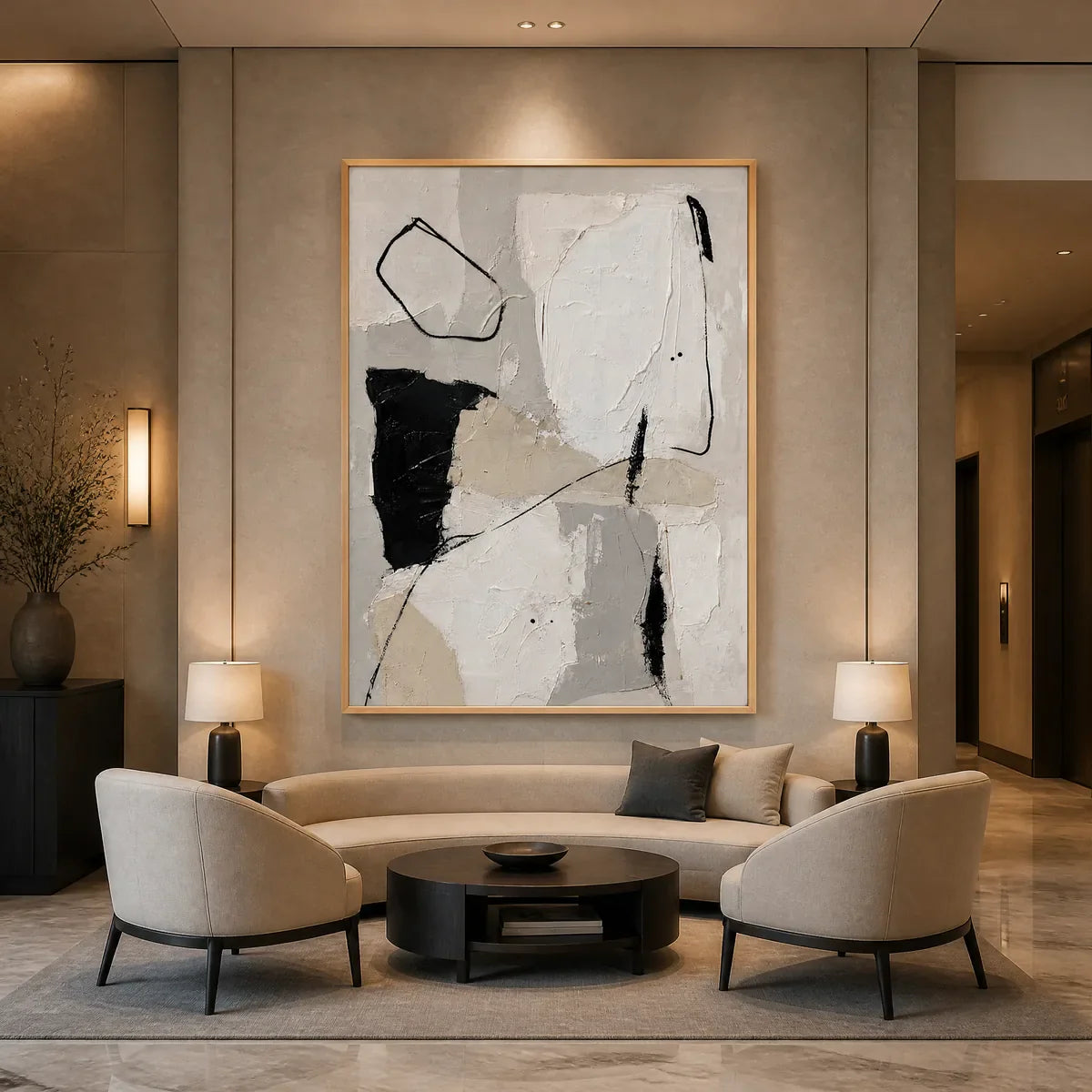 Quiet Lines: Black White Abstract Wall Art - hotel wood frame