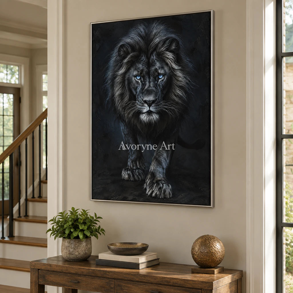 Nocturne Lion: Realistic Black Lion Portrait Wall Art — entry silver