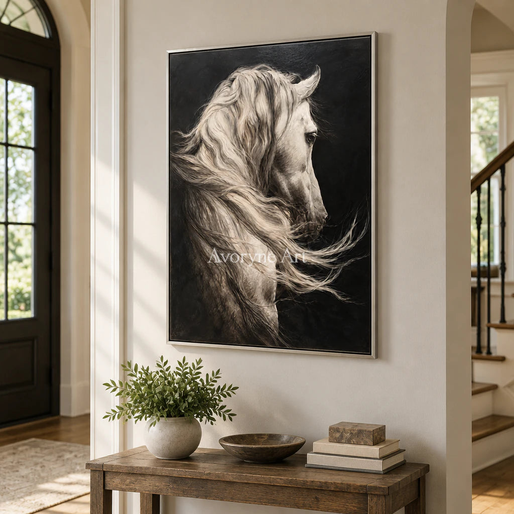 Silver Mane: Realistic Contemporary White Horse Wall Art — entry silver
