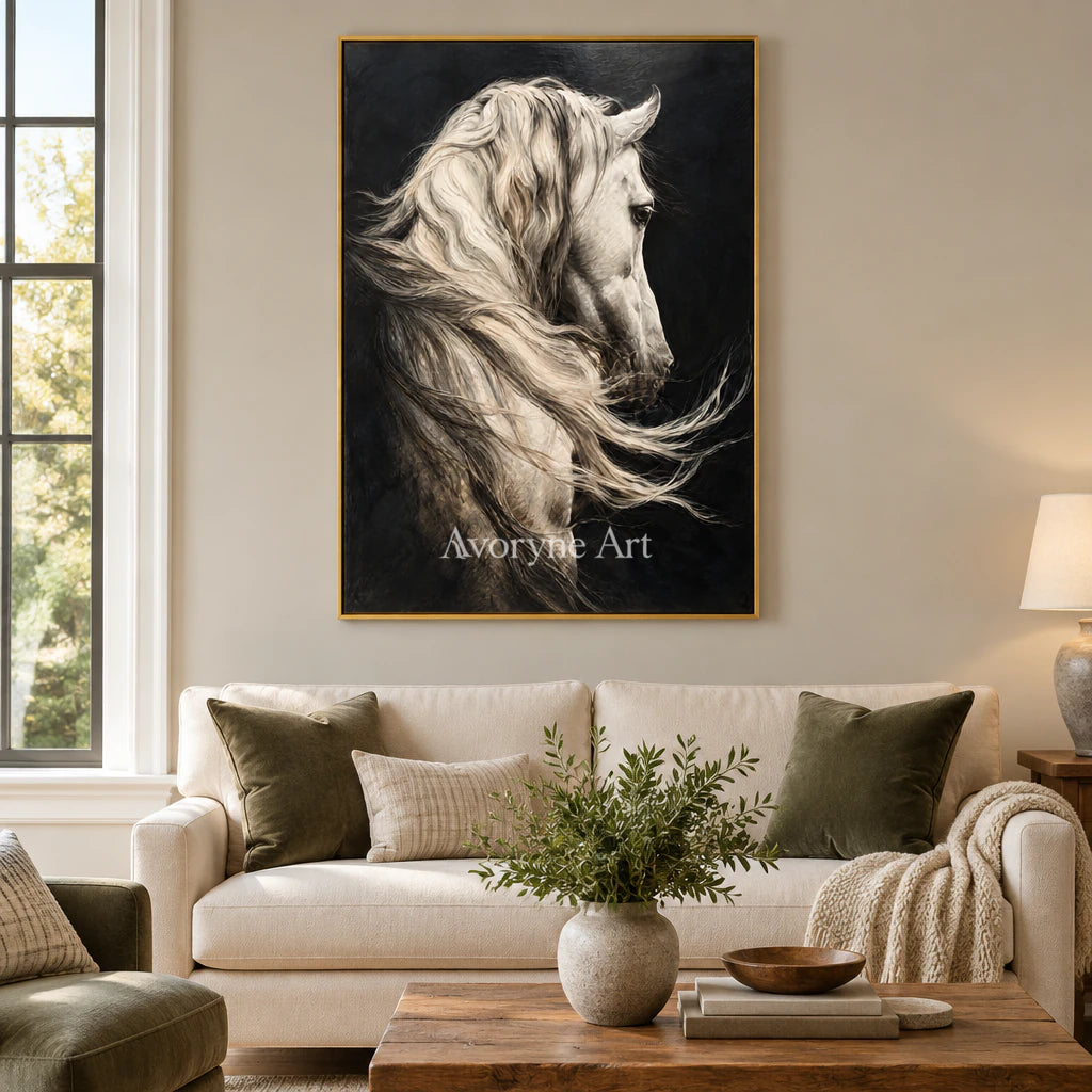 Silver Mane: Realistic Contemporary White Horse Wall Art — living gold