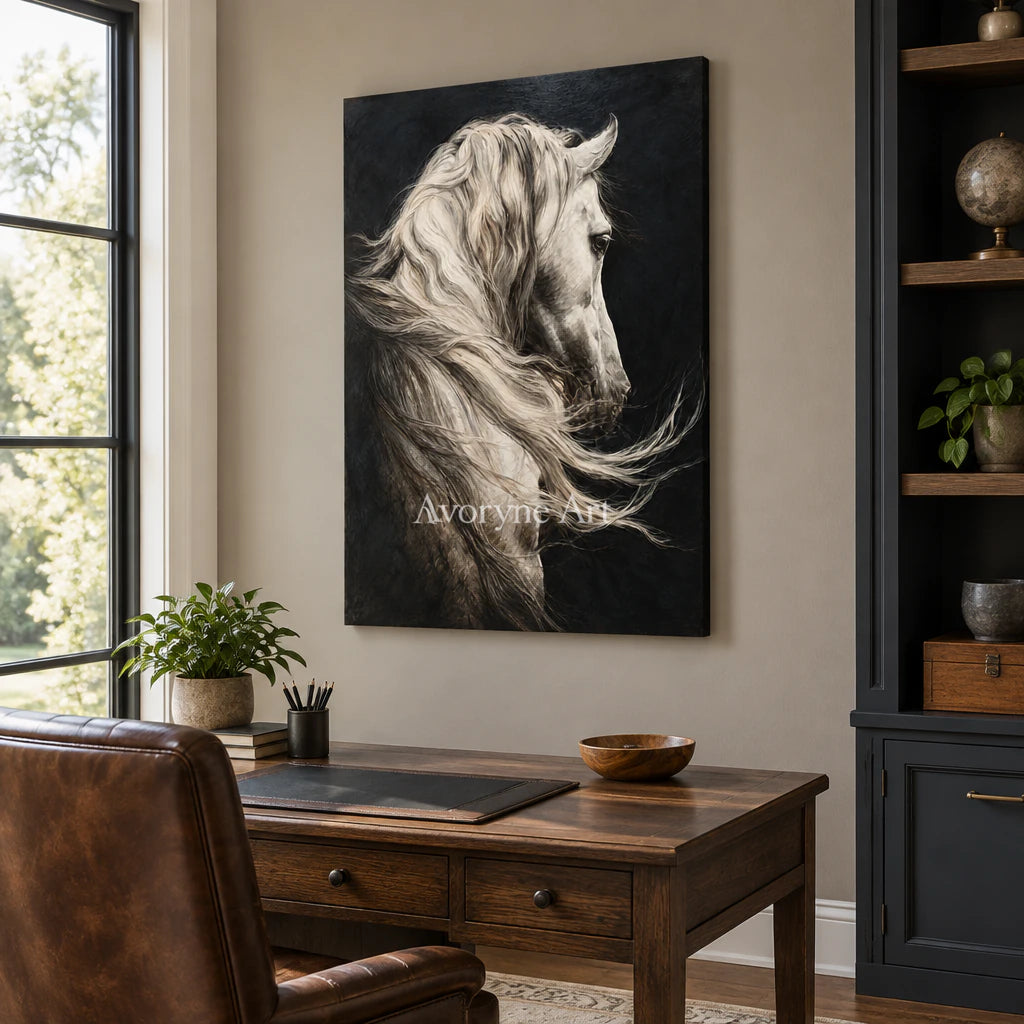 Silver Mane: Realistic Contemporary White Horse Wall Art — office frameless