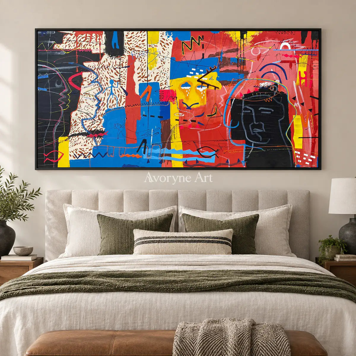 Crimson Conversation: Red Panoramic Graffiti Face Wall Art — bedroom black