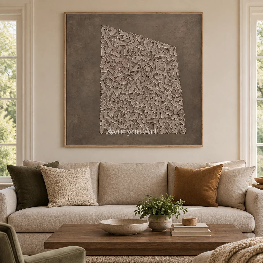 Quiet Cadence relief mosaic wall art with a wood frame in a villa living space