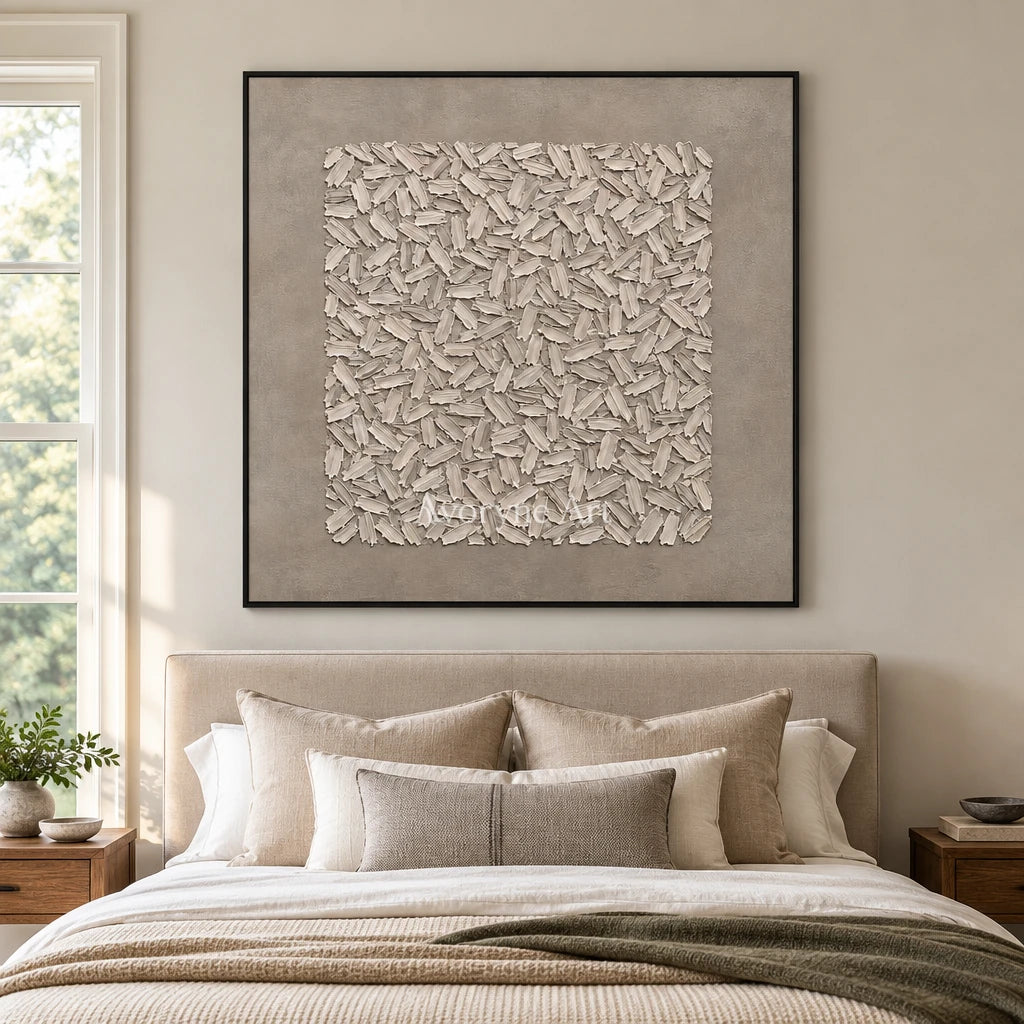 Quiet Passage relief mosaic wall art with a black frame above a bed in a bedroom